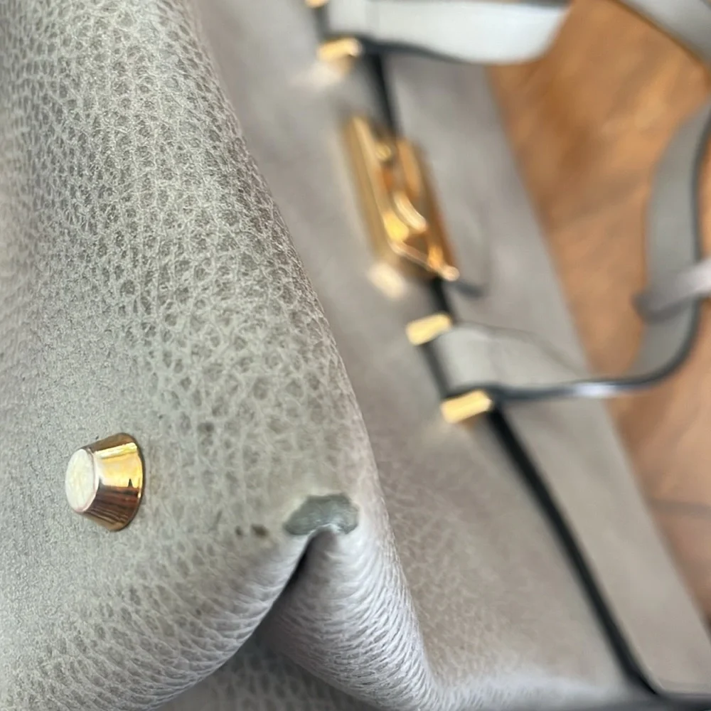Innue Italian gray pebble leather structured satchel shoulder bag w/ gold clasp